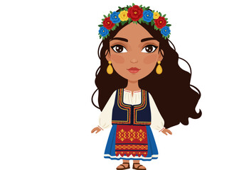 Cartoon Girl in Traditional Bulgarian Folk Costume with Flower Crown