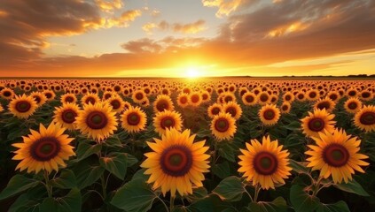 Obraz premium A vibrant sunflower field stretches under a golden sunset sky, casting warm light over the blooming flowers and creating a serene, picturesque landscape.