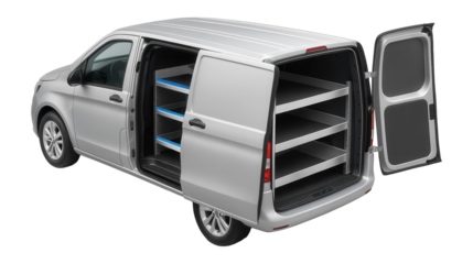 Panel van with custom shelving visible through open rear doors