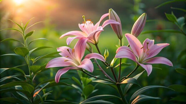 Stunning pink lilies blooming in a garden bathed in warm, golden sunlight during spring