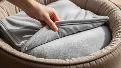 Cozy Hand Placing Soft Blanket Inside Pet Bed for Comfort