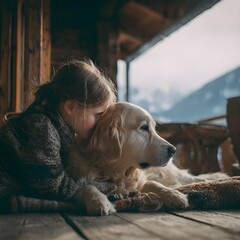Therapy golden retriever comforting sad child in mountain cabin, emotional support pet, healing presence