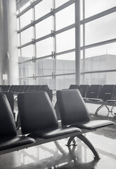 Empty seats in airport waiting room. Space for text. Copy space 