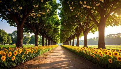 Sunflowers line a pathway shaded by trees.