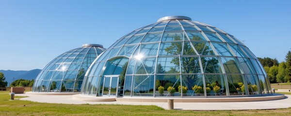 Fototapeta premium architectural glass domes promote sustainability using passive solar design natural airflow layered insulation and shading panels reducing artificial energy use and environmental impact.