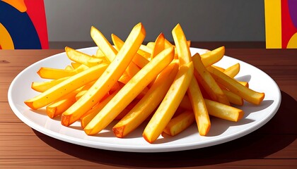 A plate of golden-brown french fries sits attractively on a wooden surface, highlighting the appetizing and delicious appearance of the crispy fries.