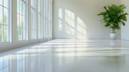 A simple, white architectural interior bathed in bright light.