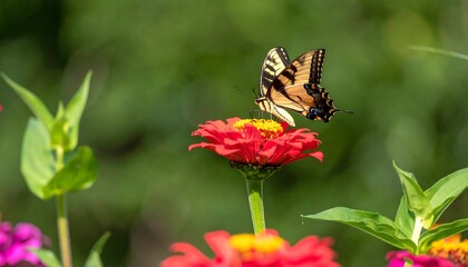 Obraz premium A graceful swallowtail butterfly rests gently on a vibrant red zinnia flower, showcasing nature's beauty in soft natural light.
