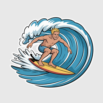 Surfer Riding a Wave in Vibrant Cartoon Style