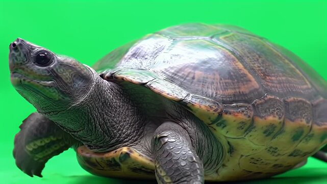 Curious turtle with dark shell against vibrant green studio background, looking up