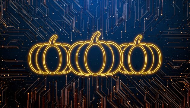 Futuristic Halloween concept with three glowing neon pumpkins on a dark blue technology circuit board backdrop - Powered by Adobe