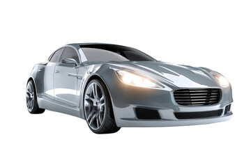 Obraz premium Sleek silver sports car with headlights on, isolated on a black background