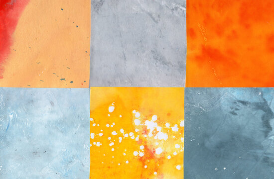 Colorful abstract art collage background with six artistic squares