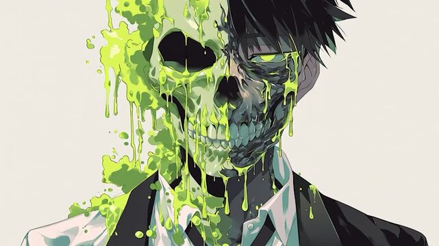 A visually arresting anime-style illustration featuring a stark contrast between a normal human face and a decaying skull. 
