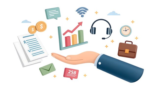 Cartoon Hand Holding Business Growth Elements, Communication, Time Management, and Finance Illustration.