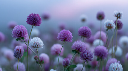 Obraz premium A field of purple and white clover flowers blooming in a soft blurred background scene