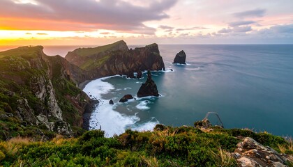 Dramatic coastal sunrise over rocky islands