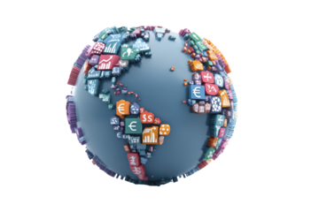 Globe made of building blocks, each showing different financial and data symbols