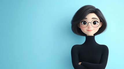 A smiling young woman in a 3D cartoon style, with space for your text or designs. Ideal for designing wallpaper, presentations, banners, flyers, cover pages, landing pages and etc. 