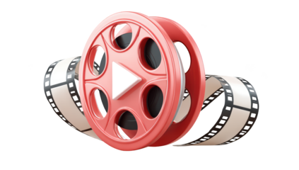 Pink film reel with play button, unspooling film strip, isolated on black