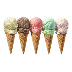 Five colorful ice cream cones isolated on transparent background