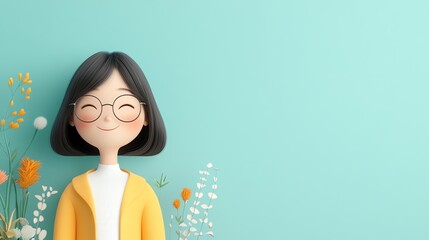 A smiling young woman in a 3D cartoon style, with space for your text or designs. Ideal for designing wallpaper, presentations, banners, flyers, cover pages, landing pages and etc. 
