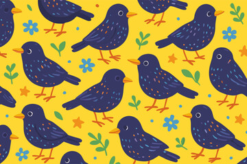 Whimsical Starling Birds and Floral Pattern Design on a Sunny Yellow Background