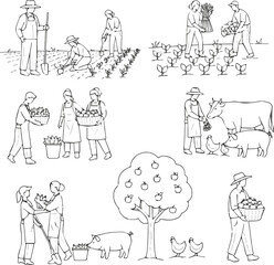 Create a Architectural Drawings people farmer, agricultural workers planting crops, gathering harvest, collecting apples, feeding farm animals, carrying fruits, Minimal style hand drawn. vector art wi