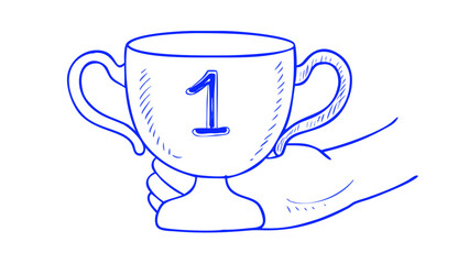 Blue trophy with number one held by hand award winner
