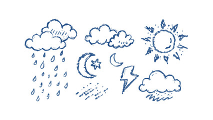 Blue weather icons hand drawn clouds