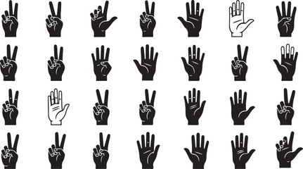 Collection of hand gestures showing numbers and peace signs