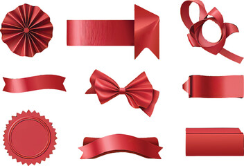 Assortment of nine red ribbons and decorative elements including bows and seals on a white background