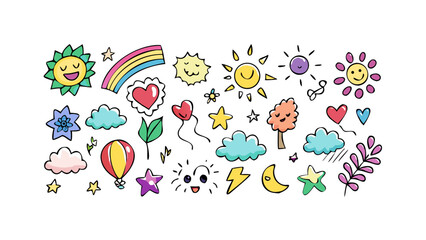 Cheerful doodle elements sky nature rainbow clouds