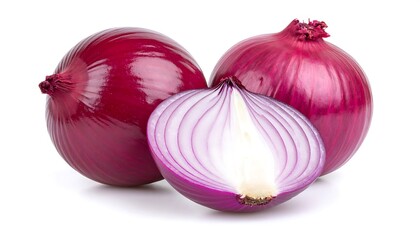 Fresh Red Onion with Sliced Half Isolated on White Background