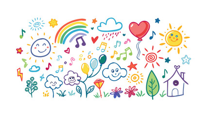 Cheerful doodle elements with sun rainbow and music notes