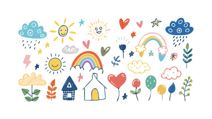 Cheerful doodle elements with suns and rainbows clouds