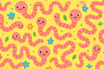 Naklejka premium Cartoon Worms with Flowers and Yellow Background Pattern Illustration