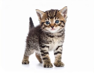 Naklejka premium Cute tabby kitten standing and looking forward on white background