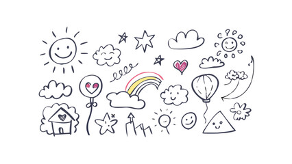 Cheerful doodles with suns clouds and rainbow illustration