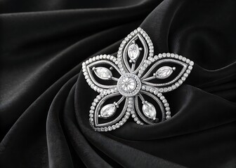 Fototapeta premium Stylish gift bag made from luxurious black and white satin fabric with a silver necklace, perfect for a wedding or Valentine's Day