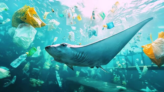 Majestic stingray gliding gracefully through underwater scene filled with colorful plastic waste, showcasing the impact of pollution on marine life and the ocean environment
