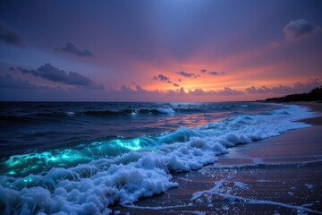 phytoplankton glow in disturbed ocean water at night reflecting chemical energy conversions producing sparkling luminous waves along shores and coastal ecosystems.