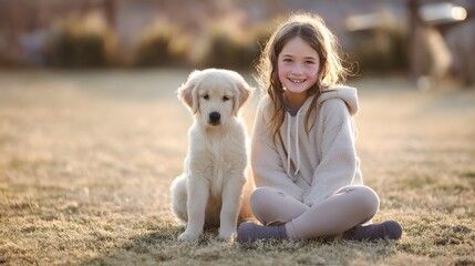 A mixed-race kid wearing a soft linen hoodie, smiling as a golden retriever puppy sits calmly beside her. Open grassy area with blurred background. Golden hour.