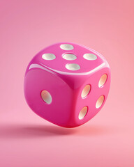 pink six-sided die floats against a soft pink backdrop, combining playful design with a sleek, modern aesthetic