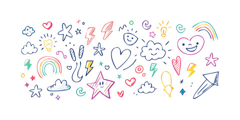 Colorful doodle elements hearts lightning bolts stars
