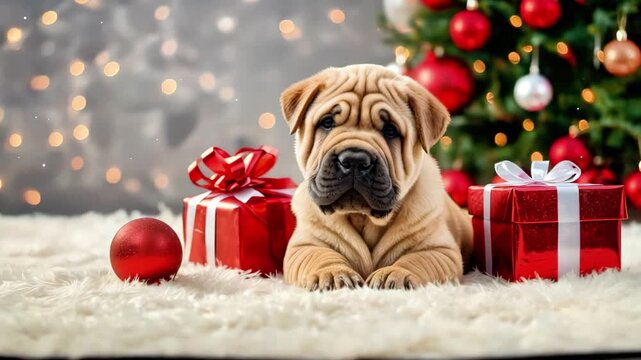 Adorable shar pei puppy lying on soft white rug surrounded by festive red and white gift boxes and a beautifully decorated Christmas tree, capturing holiday joy and warmth