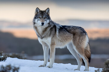 Obraz premium Majestic Wolf Standing Watchful on Snowy Mountain Ridge. AI Generated 
