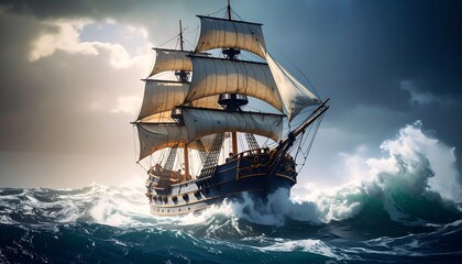 Obraz premium Vintage sailing ship in a stormy sea