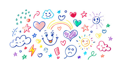 Colorful doodle icons with happy faces and hearts illustration