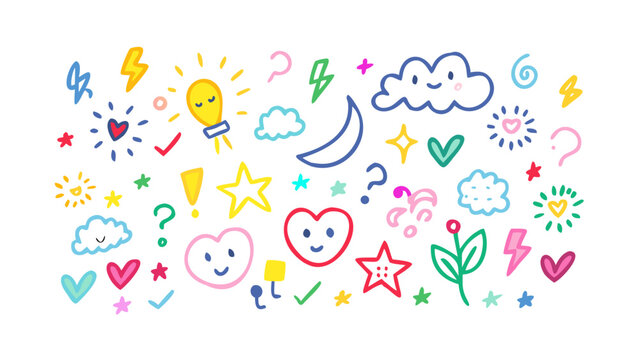 Colorful doodles of hearts stars clouds and lightning